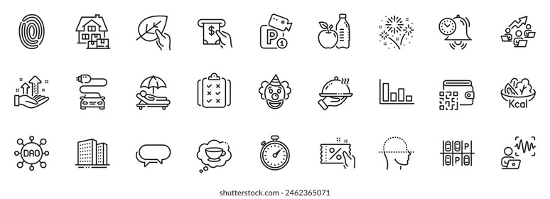 Icons pack as Car charge, Sunbed and Teamwork chart line icons for app include Buildings, Timer, Dao outline thin icon web set. Fireworks, Home moving, Fingerprint pictogram. Voice wave. Vector