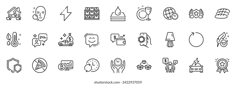 Icons pack as Car charging, Shields and Loyalty award line icons for app include Work home, Hypoallergenic tested, Table lamp outline thin icon web set. Bread, Time zone, Face search pictogram. Vector