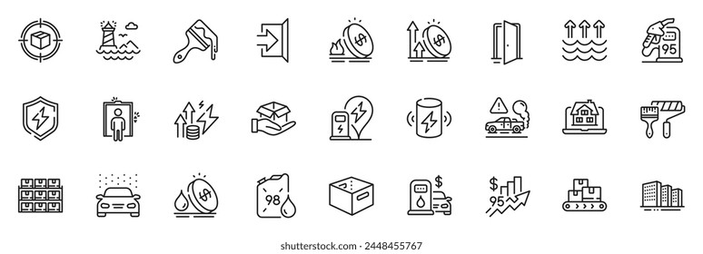 Icons pack as Car wash, Elevator and Hold box line icons for app include Brush, Realtor, Parcel tracking outline thin icon web set. Charge battery, Exhaust, Open door pictogram. Exit. Vector