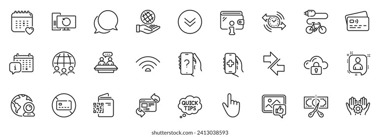Icons pack as Card, Refresh website and Global business line icons for app include Chat message, Cursor, Employee hand outline thin icon web set. Scroll down, Electric bike. Card outline sign. Vector