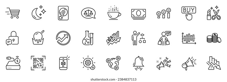 Icons pack as Cash money, Ice cream and Beauty line icons for app include Qr code, Moon, Training results outline thin icon web set. Video conference, Banking money. Cash money outline sign. Vector