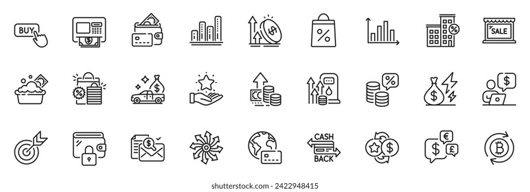 Icons pack as Cashback card, Target and Cash transit line icons for app include Graph chart, Wallet, Atm outline thin icon web set. Buy button, Money tax, Fuel price pictogram. Money. Vector