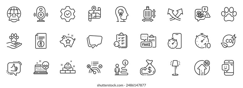 Icons pack as Cashback, Intersection arrows and Inspect line icons for app include Smile, Support, Speech bubble outline thin icon web set. Technical info, Dog paw, Fake document pictogram. Vector