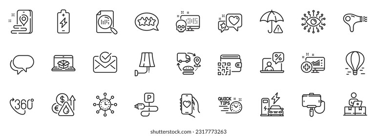 Icons pack as Charging station, Online delivery and Charging parking line icons for app include Medical analytics, 360 degree, Risk management outline thin icon web set. Hair dryer. Vector