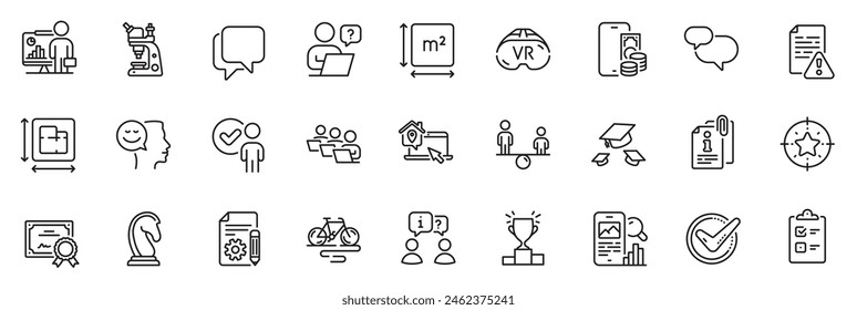 Icons pack as Checklist, Certificate and Teacher line icons for app include Online question, Interview, Vr outline thin icon web set. Attached info, Talk bubble, Confirmed pictogram. Vector