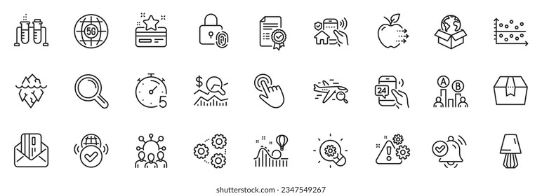 Icons pack as Chemistry beaker, Search flight and Fingerprint lock line icons for app include Timer, 5g internet, House security outline thin icon web set. Ab testing, Research. Vector