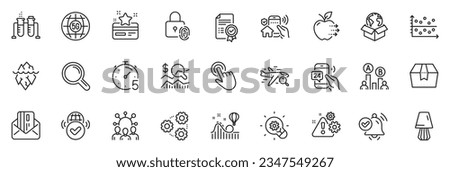 Icons pack as Chemistry beaker, Search flight and Fingerprint lock line icons for app include Timer, 5g internet, House security outline thin icon web set. Ab testing, Research. Vector