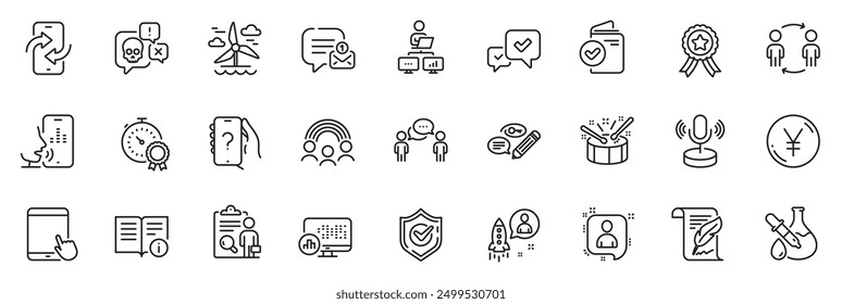 Icons pack as Chemistry experiment, Confirmed and Workflow line icons for app include Work home, Verification document, Feather outline thin icon web set. Voicemail, Winner ribbon. Vector