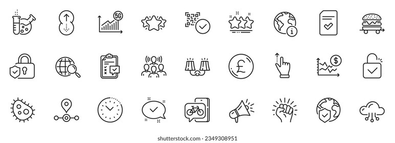 Icons pack as Chemistry lab, Cloud computing and Empower line icons for app include Sconce light, Megaphone, Pound money outline thin icon web set. Swipe up, Approved, 5g statistics pictogram. Vector