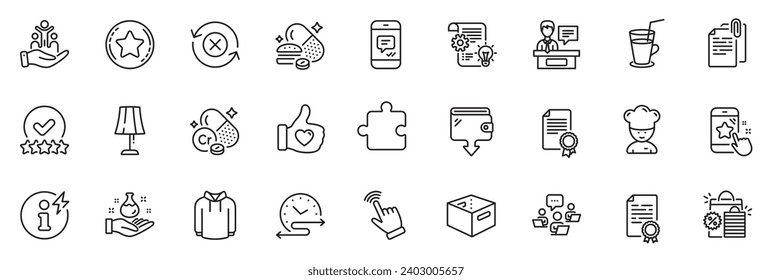 Icons pack as Chromium mineral, Inclusion and Chemistry lab line icons for app include Cogwheel, Table lamp, Loyalty star outline thin icon web set. Puzzle, Wallet, Reject refresh pictogram. Vector