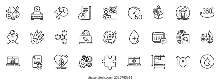 Icons pack as Chromium mineral, Recovered person and Cogwheel line icons for app include Chemical formula, Social responsibility, Swipe up outline thin icon web set. Puzzle, Oil serum. Vector