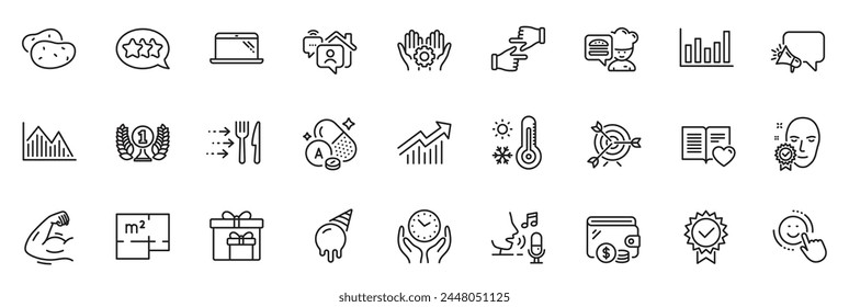 Icons pack as Click hands, Chef and Target line icons for app include Strong arm, Smile, Floor plan outline thin icon web set. Face verified, Vitamin a, Food delivery pictogram. Vector