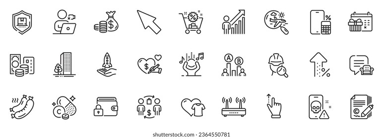 Icons pack as Clothing, Coins bag and Ab testing line icons for app include Shopping cart, Lock, Lounge place outline thin icon web set. Crowdfunding, Copywriting, Noise pictogram. Vector