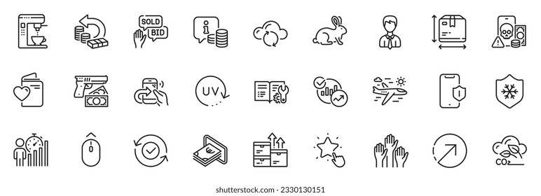 Icons pack as Cloud sync, Uv protection and Bid offer line icons for app include Share call, Robbery, Cash outline thin icon web set. Direction, Love document, Ranking star pictogram. Vector