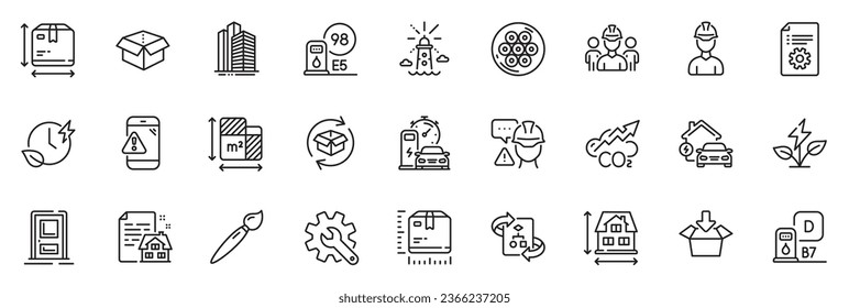 Icons pack as Co2, Open box and Skyscraper buildings line icons for app include Builder warning, Package size, Eco power outline thin icon web set. Brush, Technical documentation. Vector