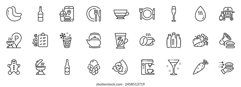 Icons Pack als Cocktail, Ice Cream und Restaurant Food Line Icons für App umfassen Champagnerglas, Recyclingwasser, Food App Outline dünne Icon Web Set. Burger, Kaffeetasse, Karotten-Piktogramm. Vektorgrafik