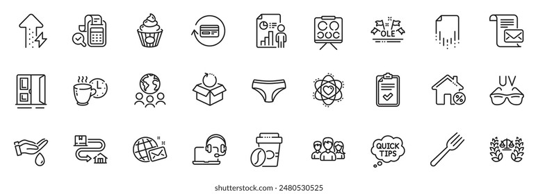 Icons pack as Coffee break, Open door and Checklist line icons for app include Ole chant, Wash hands, Recovery file outline thin icon web set. Tracking parcel, Justice scales. Vector