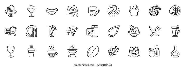 Icons pack as Coffee, Food delivery and Glass line icons for app include Takeaway, Ice cream, Vegetable outline thin icon web set. Pizza, Dish, Cake pictogram. Calories, Cooking hat. Vector