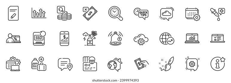 Icons pack as Cogwheel, Add handbag and Chat bubble line icons for app include Calendar, Pay money, Reminder outline thin icon web set. Web lectures, Time management, Software pictogram. Vector