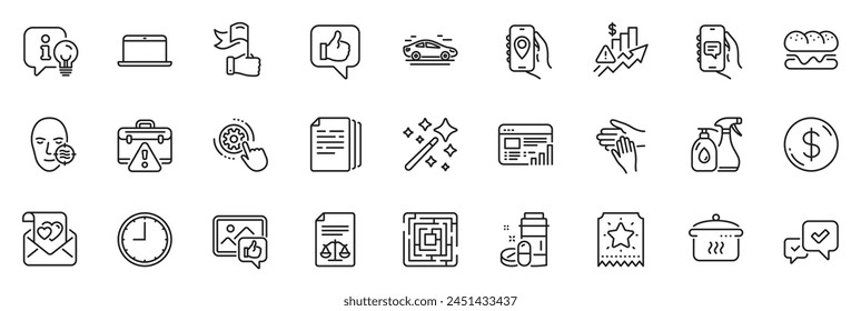 Icons pack as Cogwheel settings, Maze and Legal documents line icons for app include Laptop, Cleaning liquids, Like photo outline thin icon web set. Magic wand, Boiling pan, Car pictogram. Vector