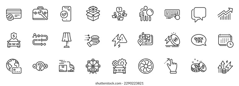 Icons pack as Computer keyboard, Demand curve and Car charging line icons for app include Packing boxes, Lightning bolt, Talk bubble outline thin icon web set. Table lamp, Car service. Vector