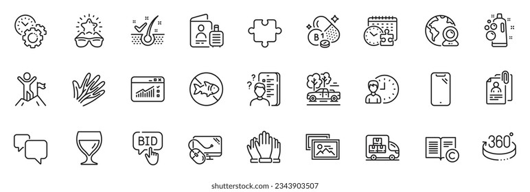 Icons pack as Copyright, Video conference and Thiamine vitamin line icons for app include Speech bubble, Clean bubbles, Bid offer outline thin icon web set. Working hours, Leadership. Vector