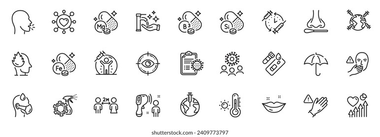 Icons pack as Coronavirus, Sick man and Dont touch line icons for app include Use gloves, Iron, Washing hands outline thin icon web set. Magnesium mineral, Electronic thermometer. Vector