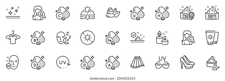 Icons pack as Cream, Skin care and Aroma candle line icons for app include Spa stones, Uv protection, Sun protection outline thin icon web set. Sunglasses, Cholecalciferol, Vitamin h pictogram. Vector