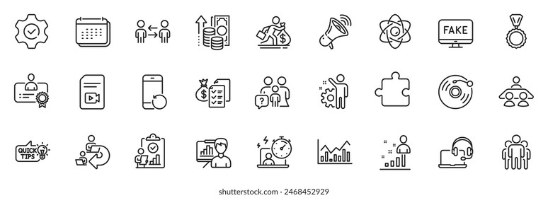 Icons pack as Delegate work, Presentation board and Stats line icons for app include Group, Infochart, Megaphone outline thin icon web set. Certificate, Execute, Inflation pictogram. Vector