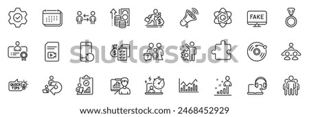 Icons pack as Delegate work, Presentation board and Stats line icons for app include Group, Infochart, Megaphone outline thin icon web set. Certificate, Execute, Inflation pictogram. Vector