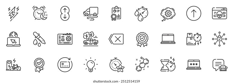 Icons pack as Delivery route, Cyber attack and Security lock line icons for app include Notebook, Laptop password, Approved award outline thin icon web set. Delivery time, Internet. Vector