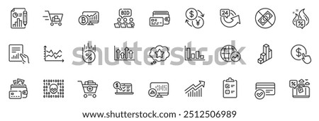 Icons pack as Demand curve, 3d chart and Add products line icons for app include Hot offer, Wallet, Upper arrows outline thin icon web set. Diagram chart, Travel loan, Document pictogram. Vector
