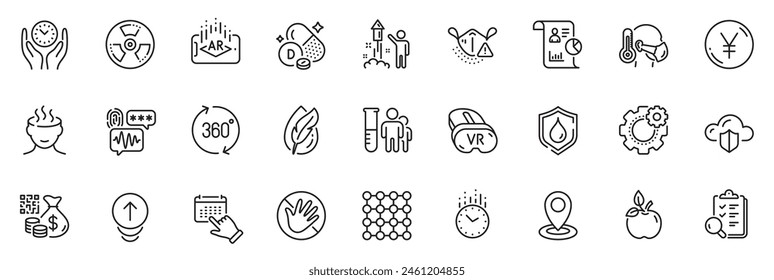 Icons pack as Density, Biometric security and Medical mask line icons for app include Event click, Vitamin d, Cogwheel outline thin icon web set. Sick man, Qr code, Vr pictogram. Vector