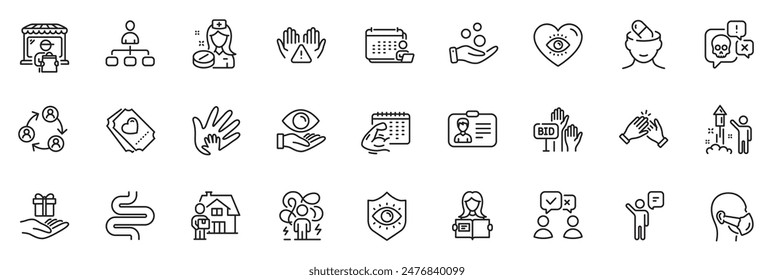 Icons pack as Depression treatment, Agent and Medical mask line icons for app include Delivery market, Cyber attack, Nurse outline thin icon web set. Difficult stress, Management. Vector