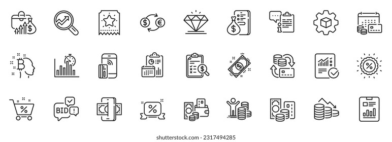 Icons pack as Diamond, Report document and Report timer line icons for app include Phishing, Contactless payment, Money loss outline thin icon web set. Loyalty ticket, Clipboard. Vector