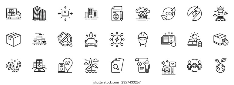 Icons pack as Diesel station, Windmill and Inspect line icons for app include Delivery timer, Skyscraper buildings, Co2 gas outline thin icon web set. Brush, Save planet, Solar panel pictogram. Vector