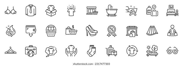 Icons pack as Discount medal, Wallet and Shoes line icons for app include Baggage cart, Market, Hold t-shirt outline thin icon web set. Cloakroom, Buyer, Shirt pictogram. Marketplace. Vector