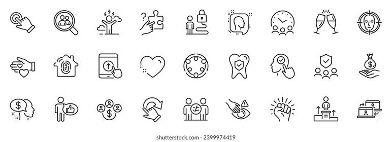 Icons pack as Discrimination, Heart and Empower line icons for app include Fingerprint access, People insurance, Pay outline thin icon web set. Champagne glasses, Difficult stress. Vector