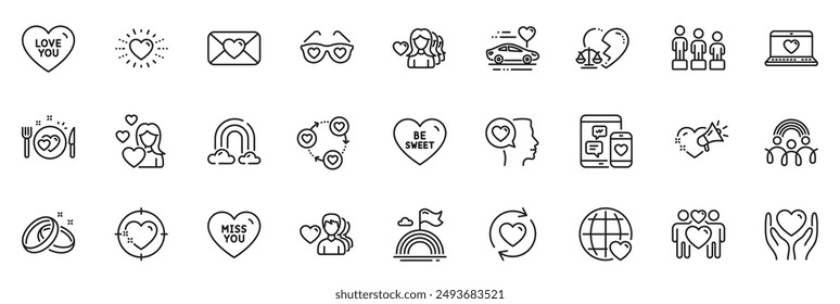 Icons pack as Divorce lawyer, Valentine and Heart line icons for app include Social media, Rainbow, Hold heart outline thin icon web set. Miss you, Lgbt, Woman love pictogram. Love you. Vector