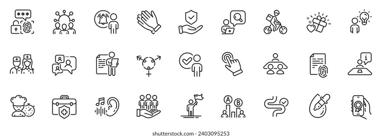 Icons pack as Doctor, Fingerprint and Support chat line icons for app include Digestion, Leadership, Eye drops outline thin icon web set. Delivery bike, Award app, Ab testing pictogram. Vector