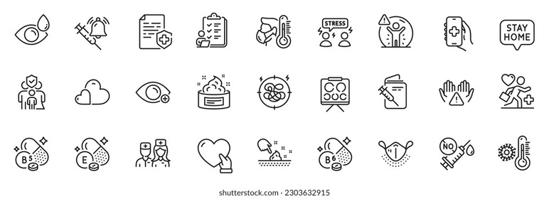 Icons pack as Doctor, Vaccine announcement and Patient line icons for app include Stay home, Care, Checklist outline thin icon web set. Stress, Volunteer, Vitamin b6 pictogram. Vector