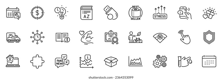 Los iconos se empaquetan como destino en dólares, memoria flash e iconos de línea de brazo fuerte para la aplicación incluyen Eco bici, Open box, Esquema de donación de sangre de un juego de iconos delgados. Rompecabezas, regalo de amor, pictograma wifi de 5g. Vector