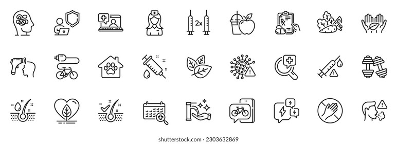 Icons pack as Dont touch, Medical calendar and Fair trade line icons for app include Coronavirus vaccine, Electric bike, Organic tested outline thin icon web set. Washing hands. Vector