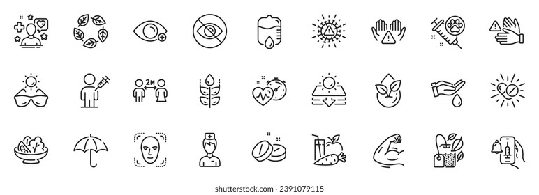 Icons pack as Dont touch, Sunglasses and Doctor line icons for app include Vaccine announcement, Drop counter, Sun protection outline thin icon web set. Cardio training. Vector