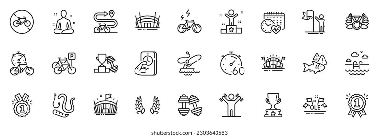 Icons pack as Dumbbells workout, Bike timer and Winner cup line icons for app include Fish, Bike path, Leadership outline thin icon web set. Arena stadium, Dumbbells, Reward pictogram. Vector