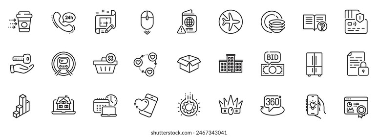 Icons Pack als Electric App, Realtor und Work Time Line Icons für App sind 360°, Friends Community, Metro Subway Outline Thin Icon Web Set. Architekt Paket, Karte, Kühlschrank Piktogramm. Vektorgrafik