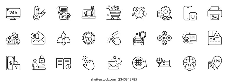 Icons pack as Electricity power, Card and Global engineering line icons for app include Furniture, Cursor, Car secure outline thin icon web set. 5g internet, Grocery basket, Lock pictogram. Vector