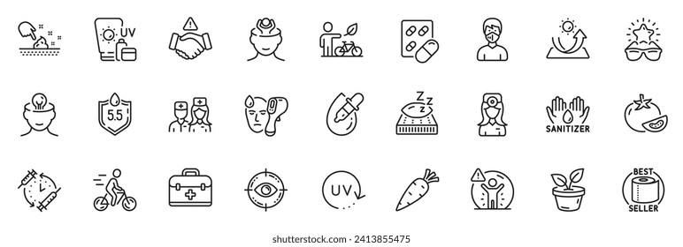 Icons pack as Electronic thermometer, Doctor and Eco bike line icons for app include Skin moisture, Social distance, Ph neutral outline thin icon web set. Mattress, Mental health. Vector