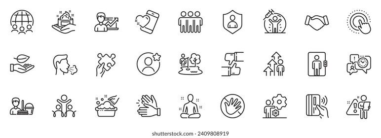 Icons pack as Elevator, Fishing place and Friendship line icons for app include Job, Like, Employee result outline thin icon web set. Hand washing, Yoga, Success business pictogram. Vector