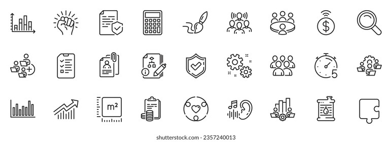 Icons pack as Empower, Accounting and Hearing line icons for app include Work, Add team, Timer outline thin icon web set. Team work, Algorithm, Interview pictogram. Square meter, Puzzle. Vector